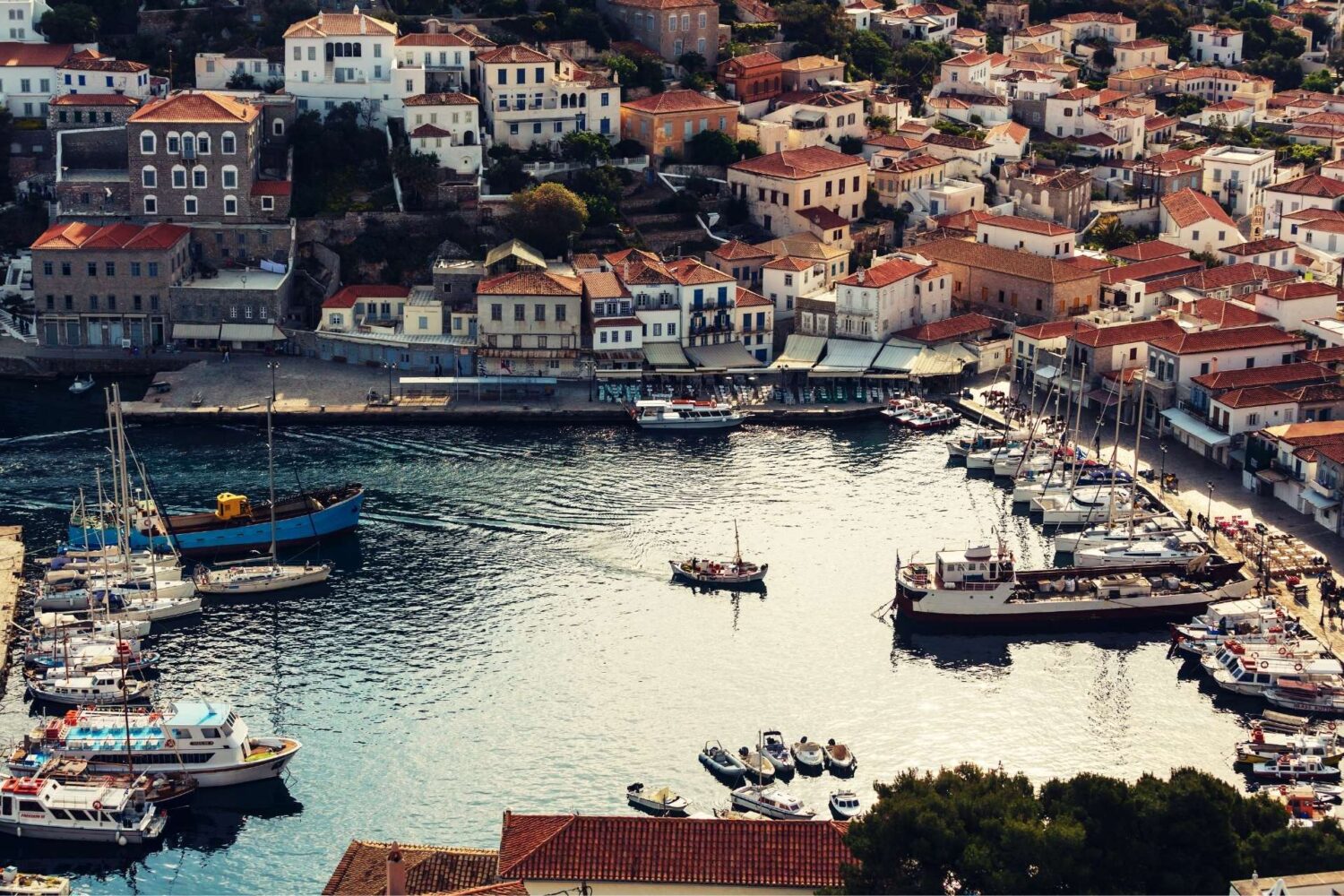 Hydra harbour with yachts moored