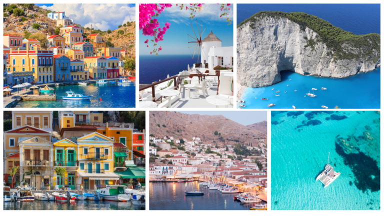 Collage of Greek islands: colourful harbours, whitewashed villages and turquoise bays