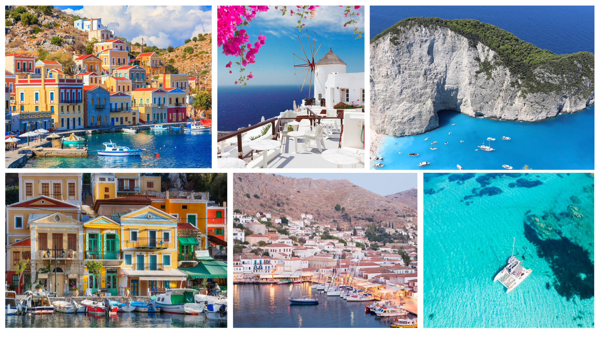 Greek island collage horizontal Collage of Greek islands: colourful harbours, whitewashed villages and turquoise bays